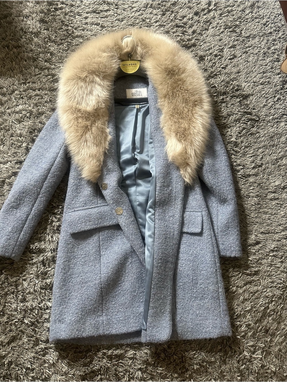 Badgley Mishka Women's Light Blue Wool Coat with Fur Trim